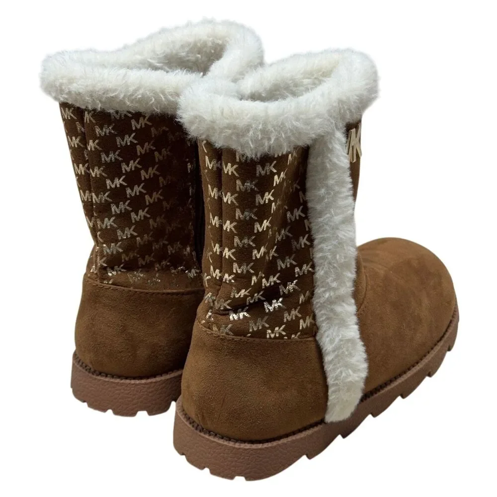 Michael Kors MK Girls Faux Fur Boots Brown Logo Winter Boot Size 1